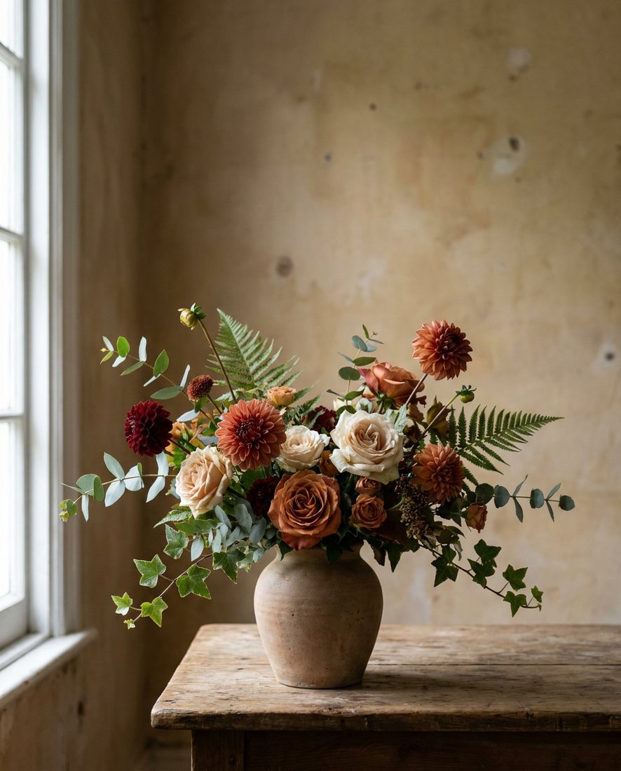 Elegant bloemstuk in een eenvoudige vaas met seizoensbloemen