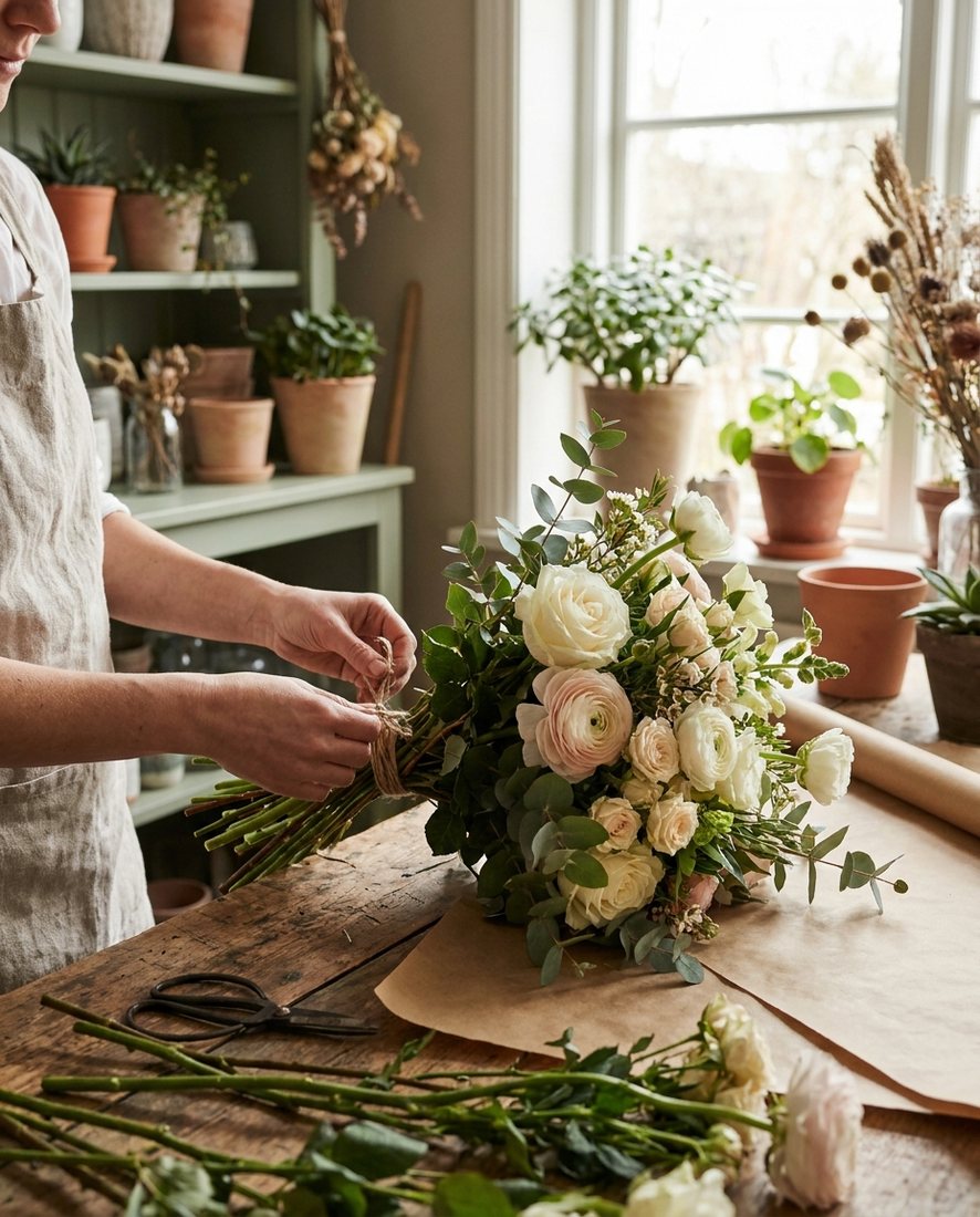 Handen die een vers boeket met seizoensbloemen binden