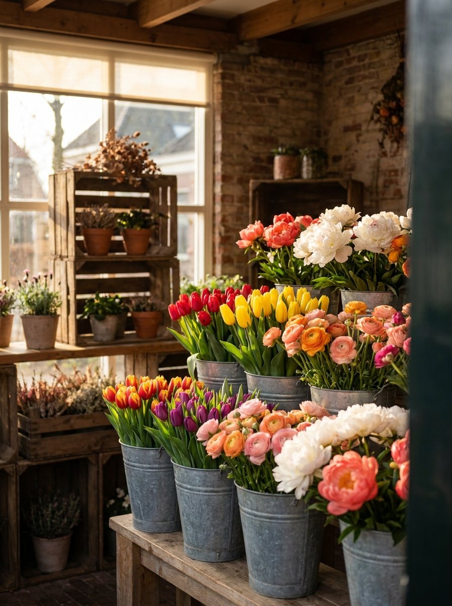 Sfeervol interieur van een kleine bloemenwinkel met zinken emmers vol verse bloemen
