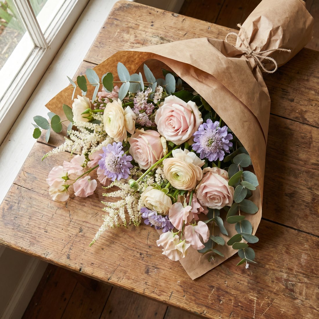 Bovenaanzicht van een rond gemengd boeket met seizoensbloemen