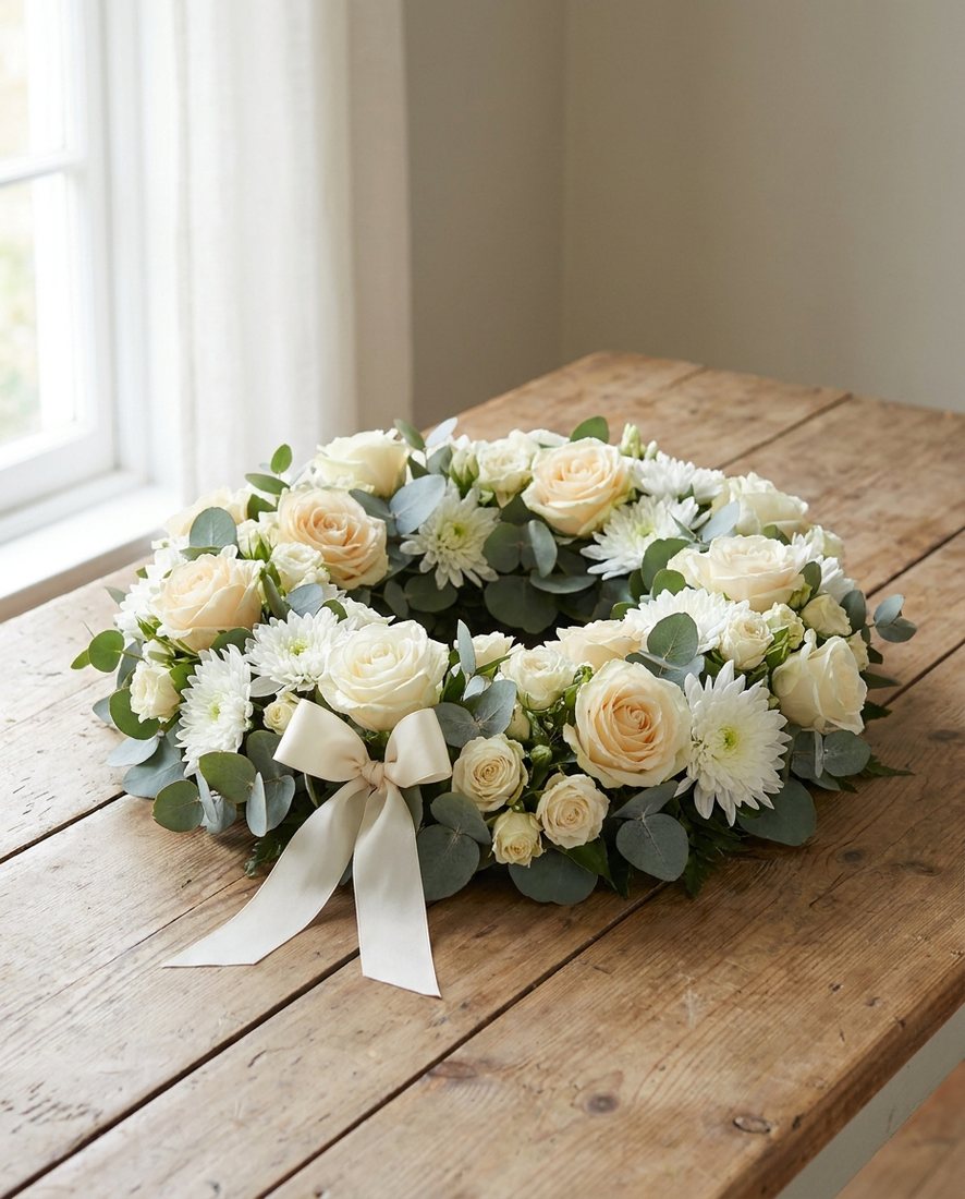 Rouwstuk met witte rozen en chrysanten